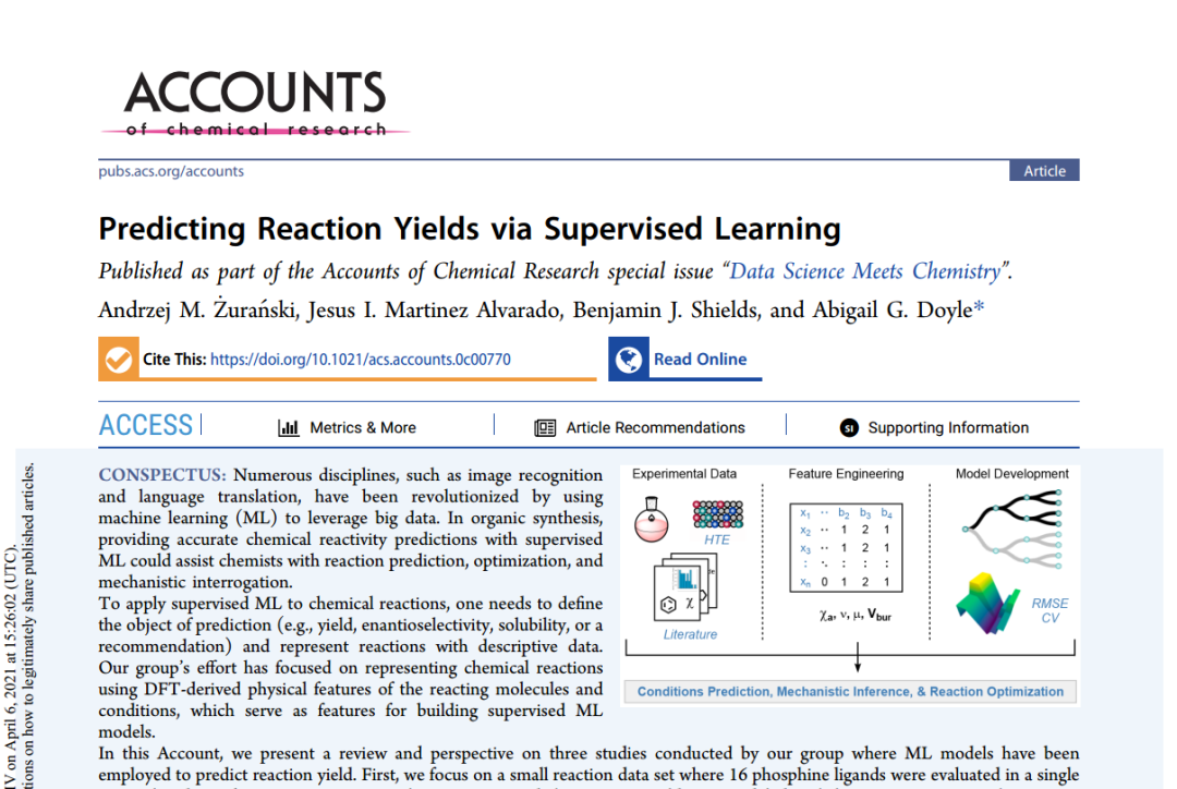 Acc. Chem. Res | 使用监督学习模型预测产率