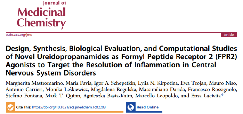 JMC | 甲酰肽受体 2 (FPR2) 脲基丙酰胺类激动剂的设计、合成与生物学评价